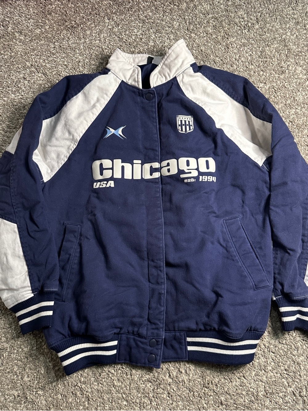 H&M Navy and White Jacket with Chicago Print